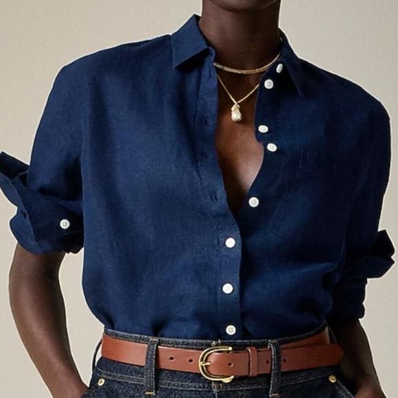 J. Crew Baird McNutt Irish Linen Slim-Fit Long-Sleeve Shirt - Navy Blue - Size 6 - Picture 1 of 5